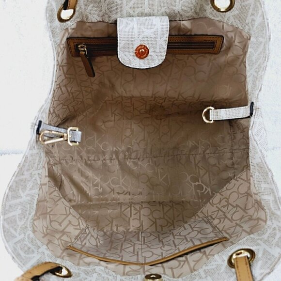 Calvin Klein Large Tan Monogram Shoulder Bag Shopper Tote with Tan Trim - Picture 15 of 16